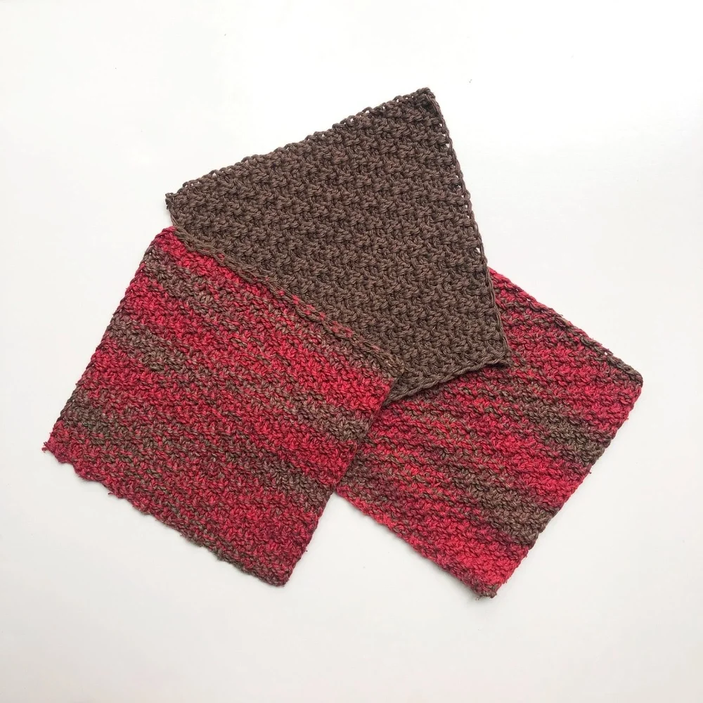 Set of 3 100% cotton hand knit washcloths - red and brown